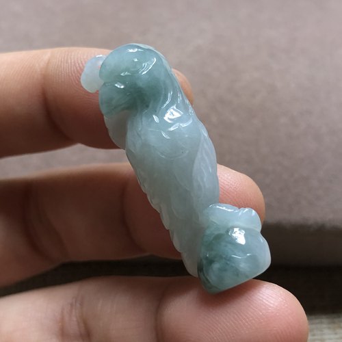 缅甸玉石A货翡翠玉雕玉器文玩冰糯种飘蓝花鹦鹉立体挂件吊坠捡漏