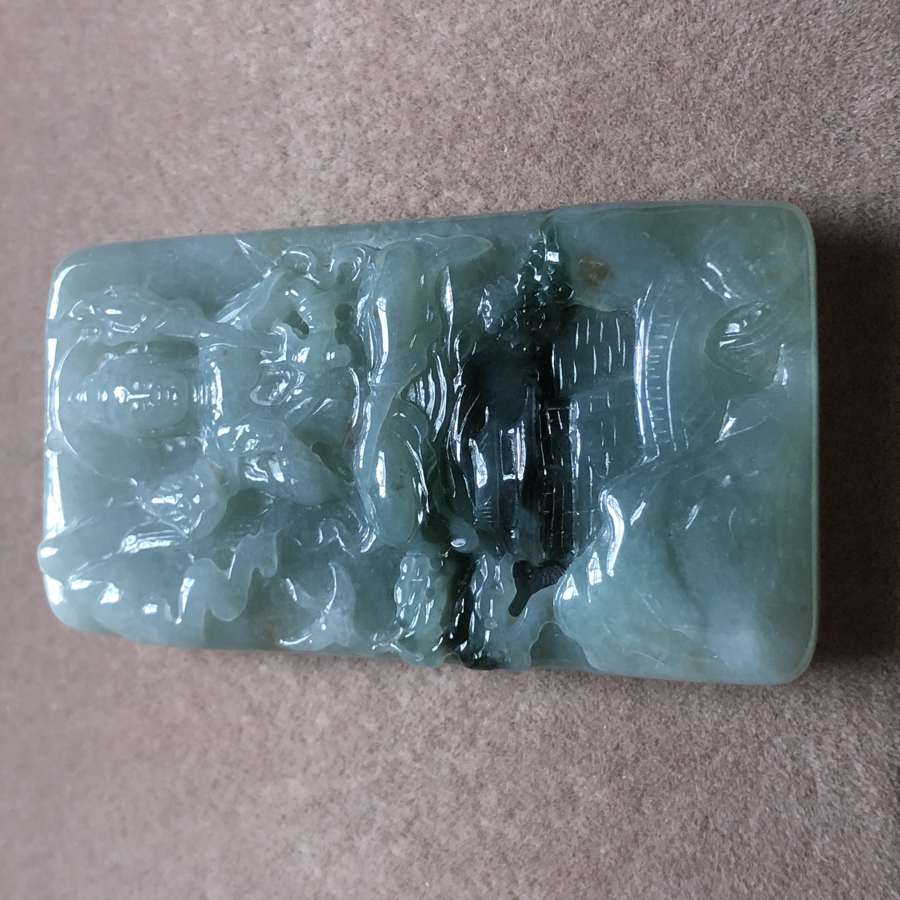 缅甸玉石A货翡翠玉雕文玩冰糯种飘花山水虚空藏观音玉牌挂件吊坠