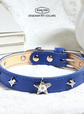 限时新品特惠-嘿宠荟猫狗脖圈水钻星真皮蓝色牵引绳高颜值狗项圈