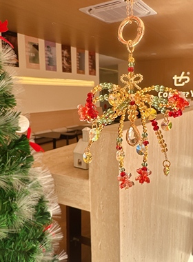 圣诞礼物~原创设计多巴胺水晶串珠双层蝴蝶结手机链重工挂件