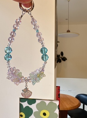 夜光贝壳~精致闪亮彩色水晶串珠手机链挂件装饰钥匙扣重工钩花