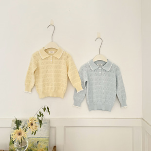 小洛特90-140薄款棉线毛衣翻领镂空樱桃花纹套头毛衣浅黄色针织衫