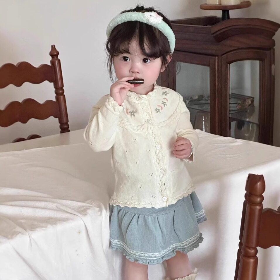 小洛特秋73-110 ins 手钩开衫毛衣女宝宝薄款撞色翻领长袖针织衫