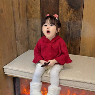 小洛特73-110冬新年女婴短款披肩开衫针织衫连帽毛开衫+包屁短裤