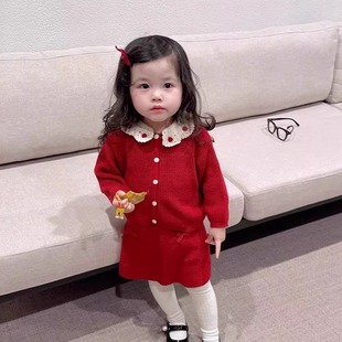 蝴蝶结针织半裙可爱套装 小洛特80 120秋冬A类复古红色毛衣开衫