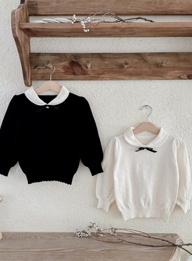 【小洛特】90-150女童上衣miu系针织衫小香风毛衣翻领蝴蝶结毛衣