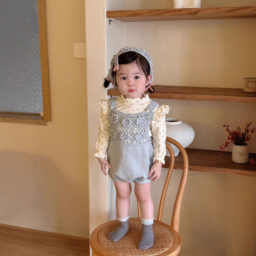 小洛特66-90秋冬手钩花朵针织连体裤婴儿背带吊带裤+帽子2件套