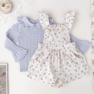 春夏73 女宝可爱荷叶蓝碎花吊带短裤 110 棉斜纹背带裤 ins 小洛特