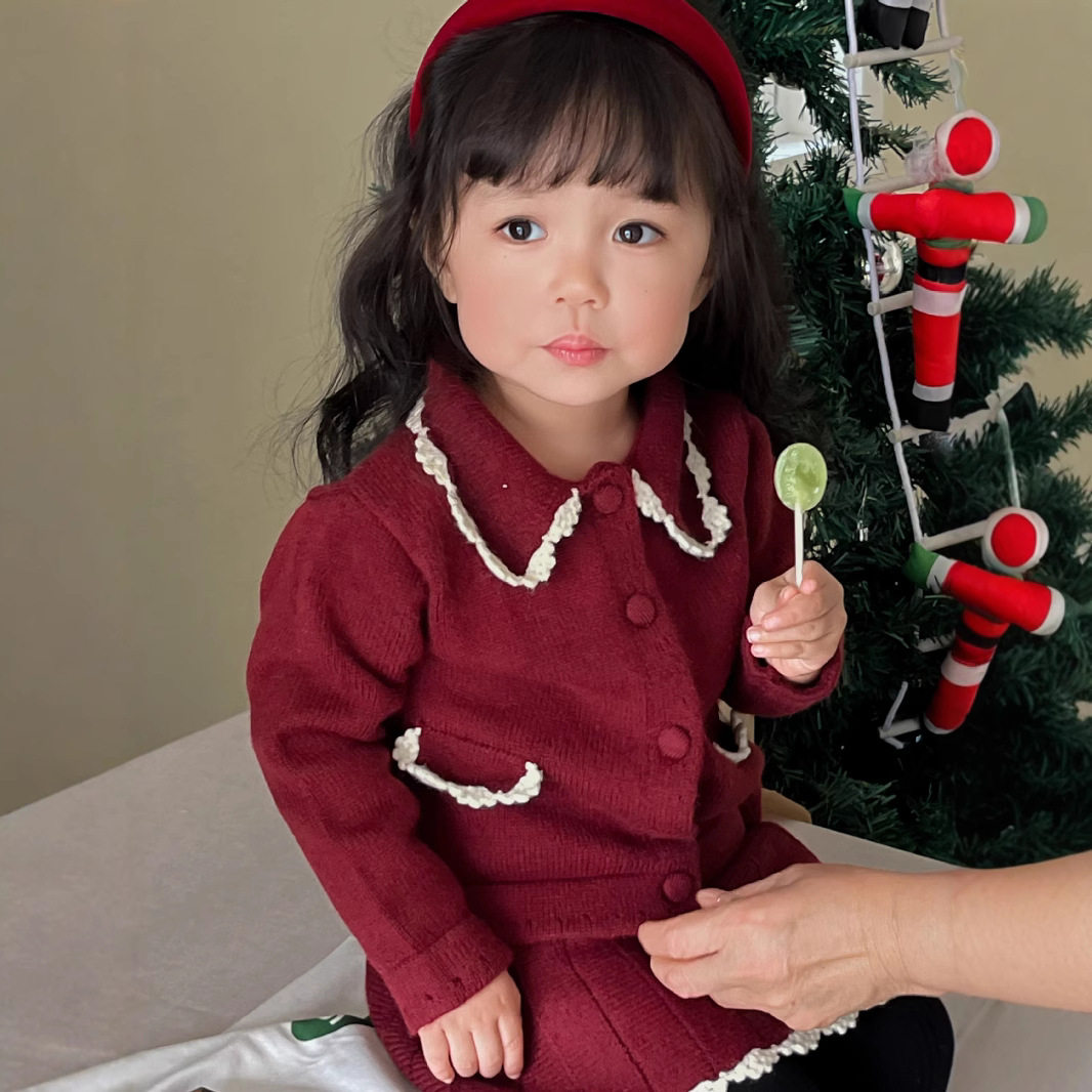 小洛特 秋冬80-120圣诞毛衣套装撞色手钩新年服上衣＋短裙2件套