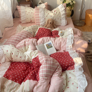 森系少女心甜美法式蕾丝花边亲肤柔软公主风纯棉双层纱四件套宿舍