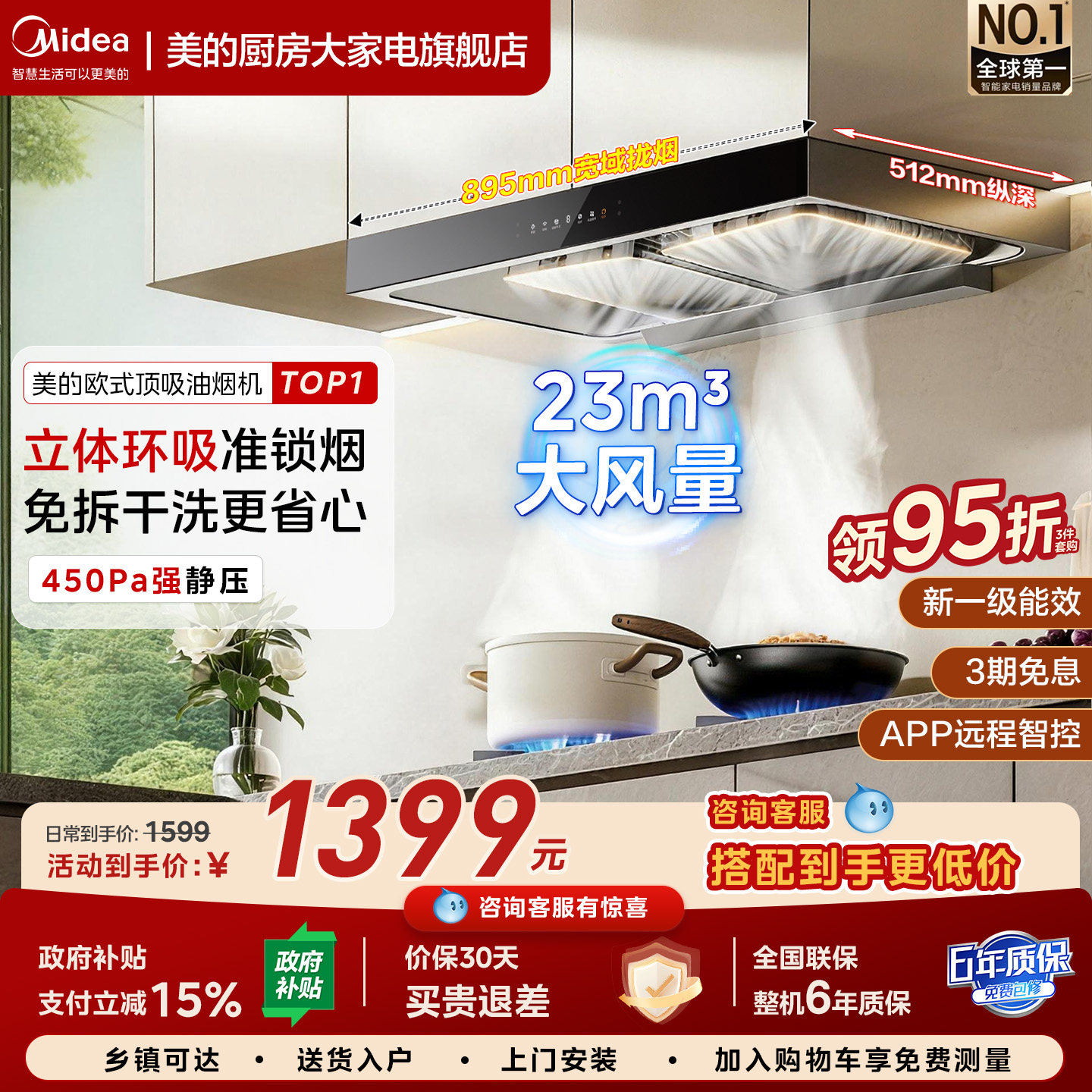 美的家用厨房大吸力风量抽油烟机欧式顶吸油烟机T36PRO官方正品