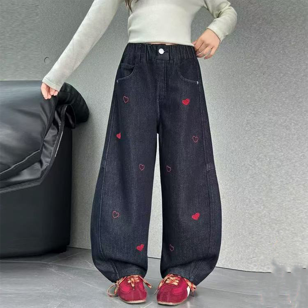 心刺绣牛仔裤一体绒中大童