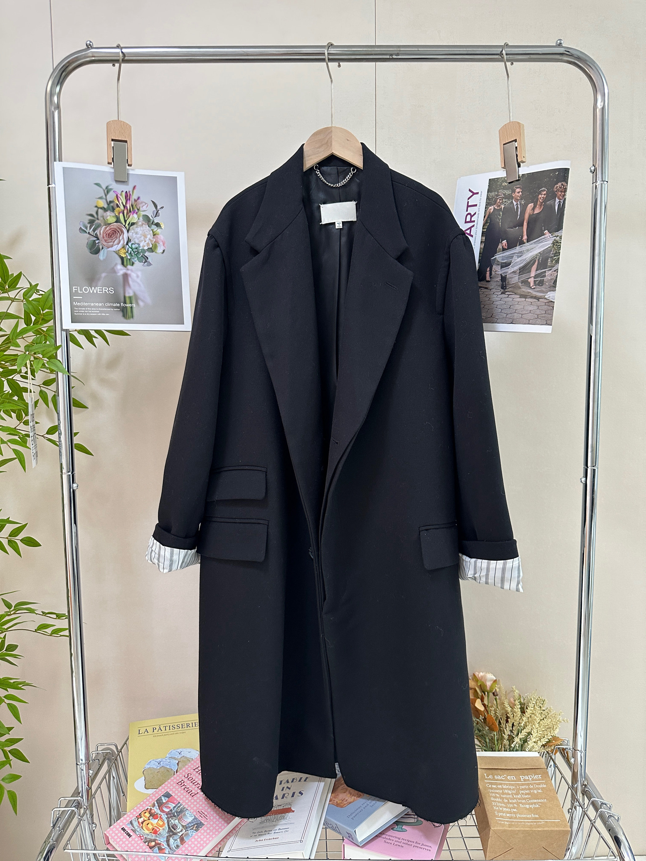 袖口条纹中长款大衣羊毛西服外套