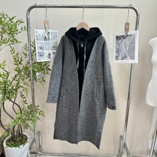 深圳南油秋冬新款 假两件连帽格子羊绒大衣 休闲显瘦中长款外套