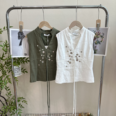 深圳南油SJJ夏季新款 中式复古贝壳盘扣马甲 棉麻系带背心上衣