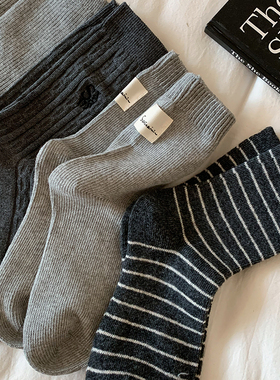 灰色条纹袜子女秋冬款潮流百搭纯色ins潮布标运动冬天长袜堆堆袜