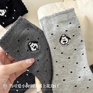 白色小狗袜子女春秋款 ins潮纯棉刺绣日系波点中筒袜无骨长袜秋天