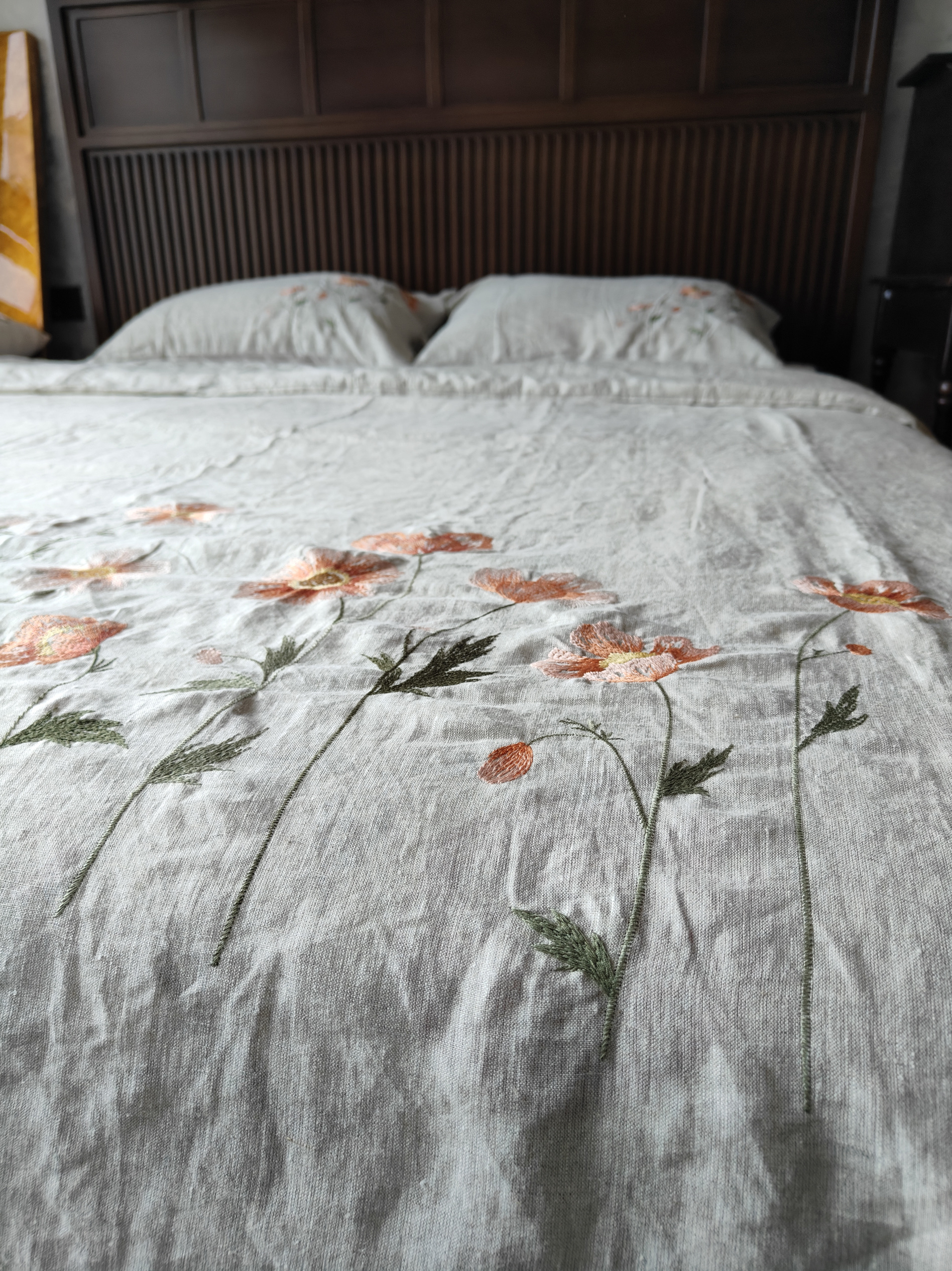 法国进口雨露麻亚麻原色双人被套枕套三件套厚实不扎冬暖夏凉刺绣