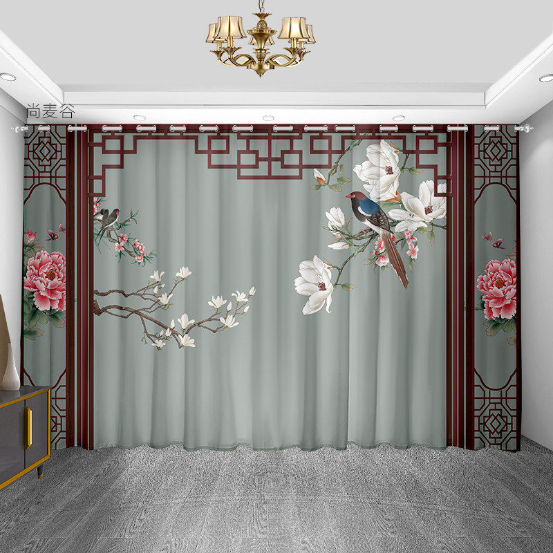 2024全屋定制花鸟窗帘新中式中国风客厅高档大气卧室别墅遮光窗纱