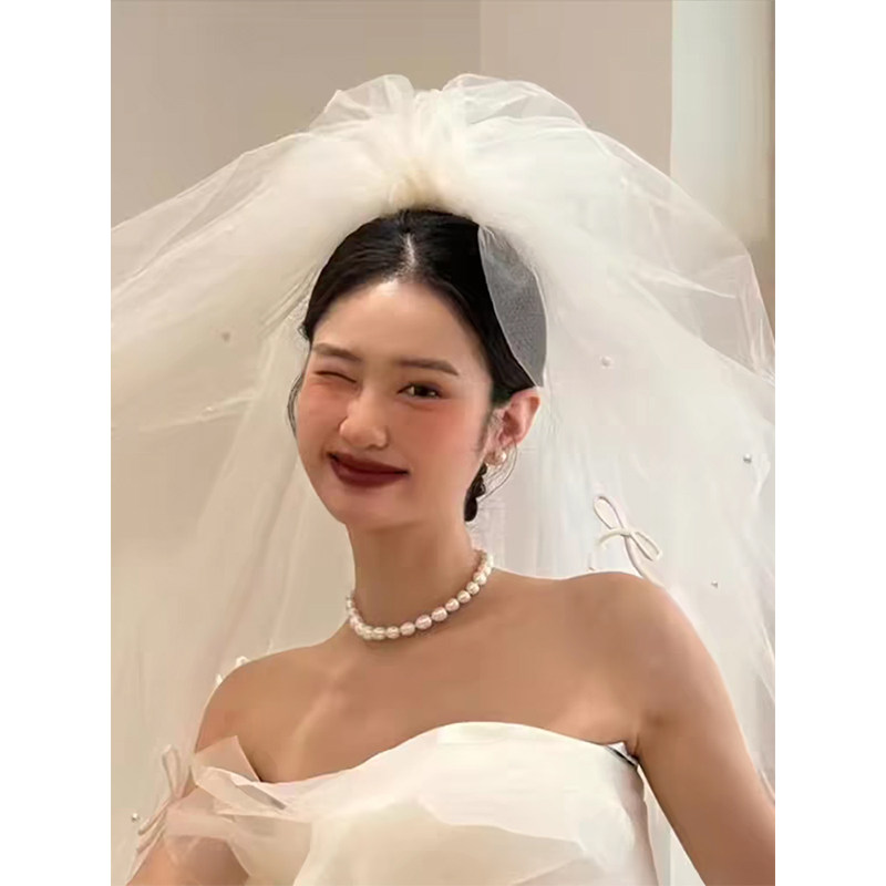 短款珍珠网纱头纱新娘唯美拍照女