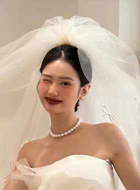 短款珍珠网纱头纱新娘唯美拍照女