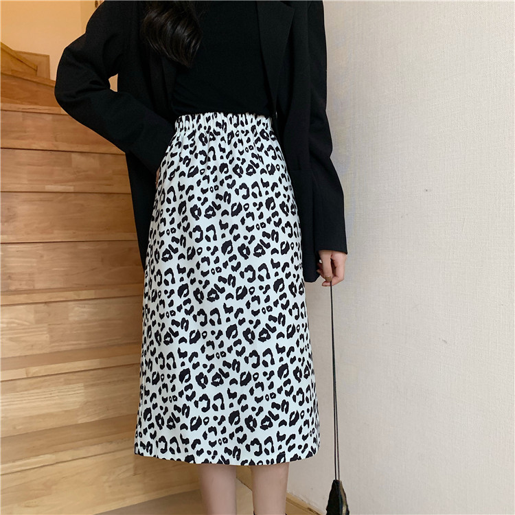 Early autumn new versatile fashion mid length leopard print A-line high waist slim skirt