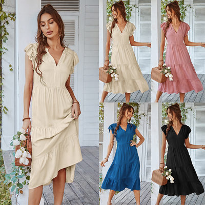 2023 women new casual v-neck flying sleeve solid color dress