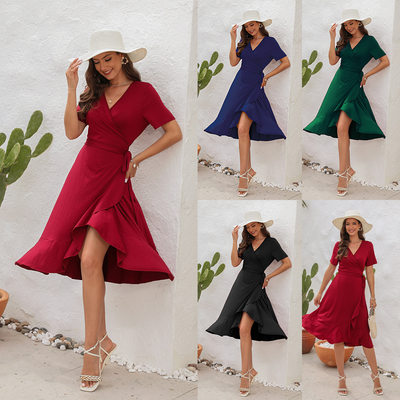 Women ins new v-neck high waist strap dress solid color long