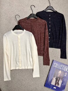 雪花点亚麻+防缩羊毛圆领长袖开衫女宽松慵懒风针织毛衣外套女士