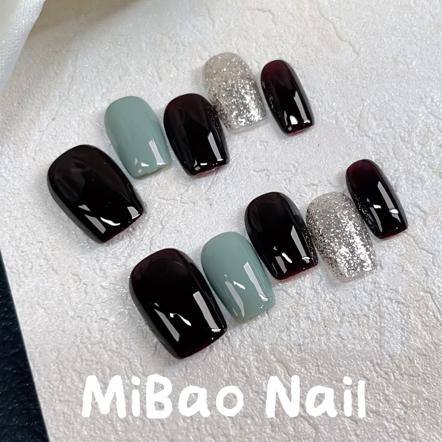 海盐蓝美甲跳色2025新款显白秋冬咖啡棕假指甲定制纯手工穿戴甲