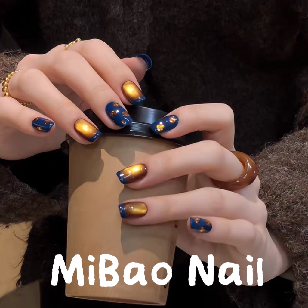 复古老钱风高级感蓝小短甲香槟金猫眼定制纯手工穿戴甲可拆卸甲片