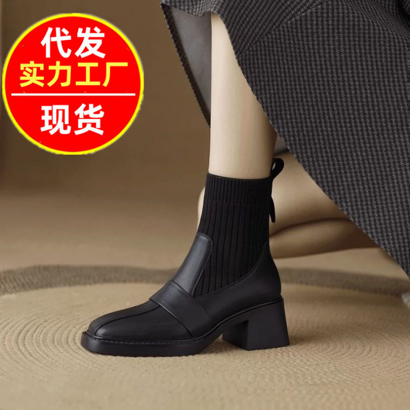 外贸粗跟针织短靴女秋冬新款