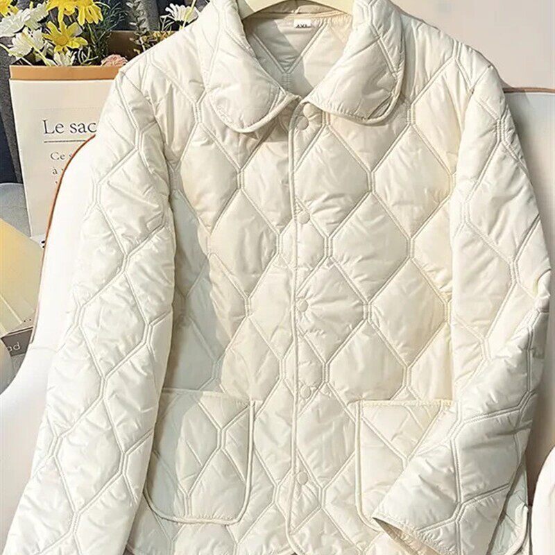 新款女士秋冬棉服保暖时尚韩版轻薄菱形双线百搭休闲棉衣菱形格厚