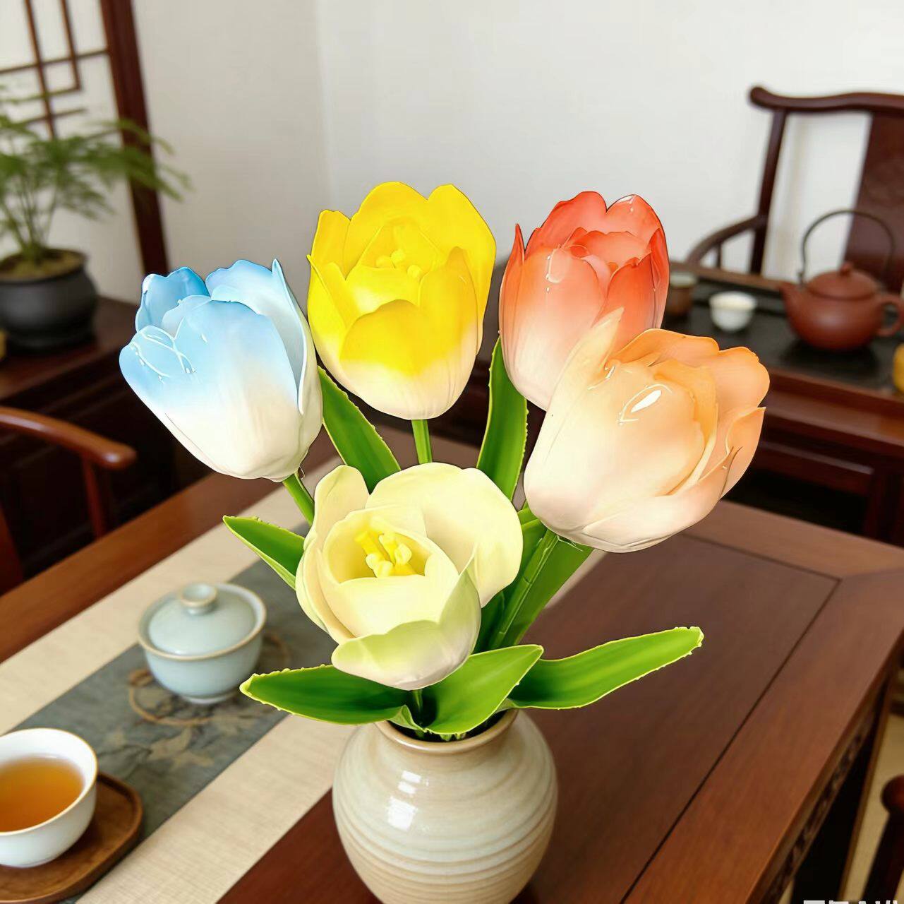陶瓷郁金香仿真花束桌面摆件图片