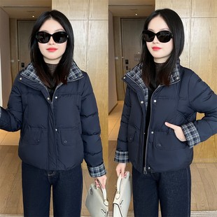 加厚保暖冬季 面包棉服女时尚 外套休闲格纹拼接小棉袄 立领短款 韩版