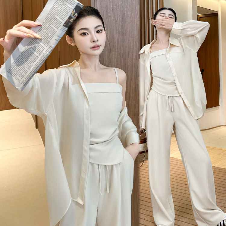 欧货高级感时尚套装女夏季气质防晒衬衫吊带背心高腰直筒裤三件套