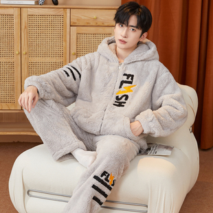 法兰绒睡衣男款冬季加绒加厚胖子特大码秋冬家居服初中生保暖套装