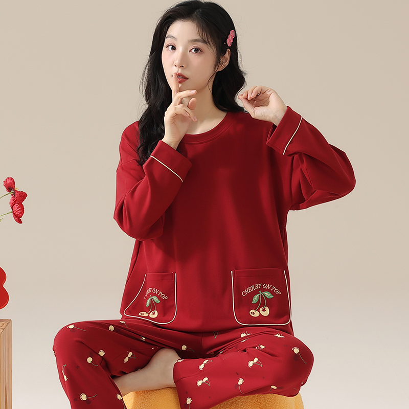 女纯棉胖妹妹长袖睡衣红色本命年