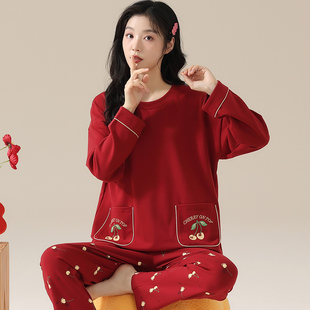 本命年睡衣女士春秋款秋季纯棉长袖红色秋冬款胖妹妹200斤家居服