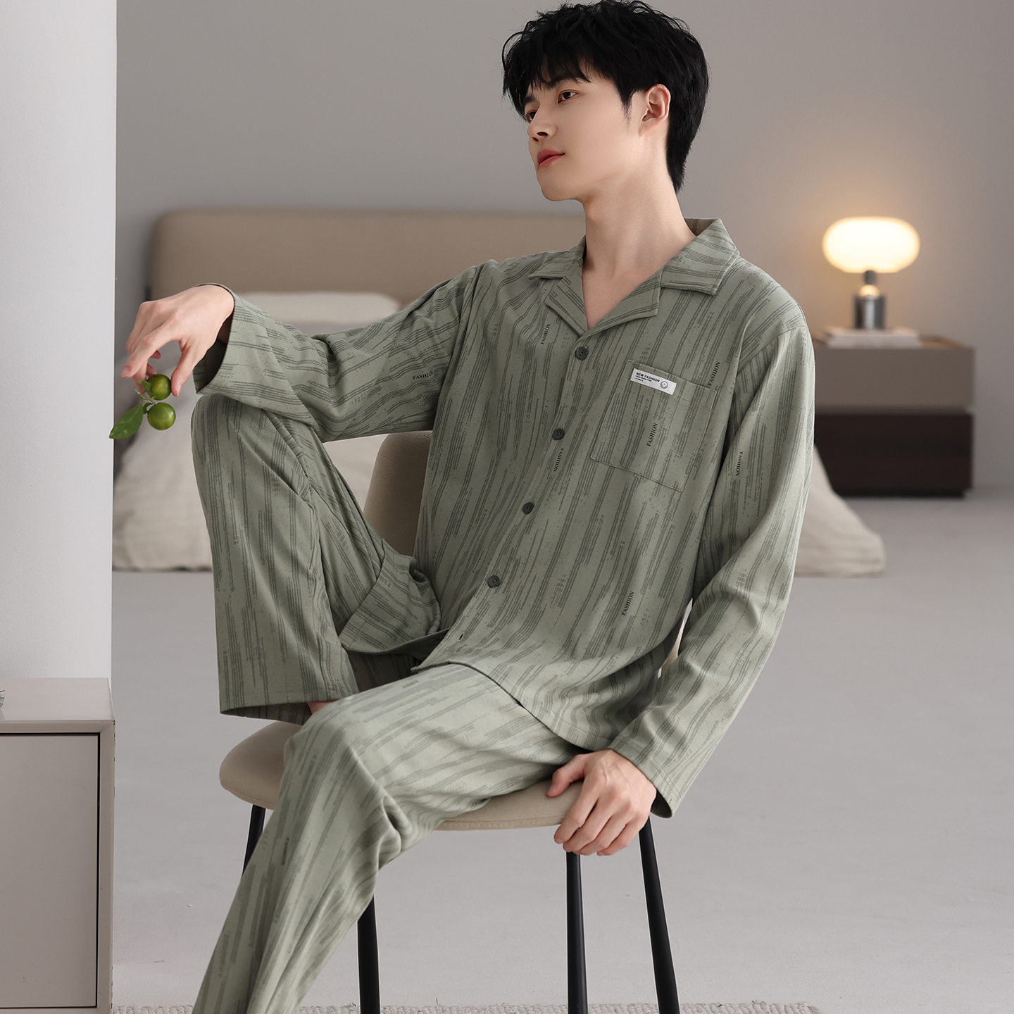 6XL特大码纯棉长袖睡衣男春秋胖子260斤翻领开衫家居服肥佬两件套