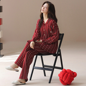 5XL拉架棉长袖 睡衣女春秋胖妹妹特大码 200斤红色竖条纹结婚家居服