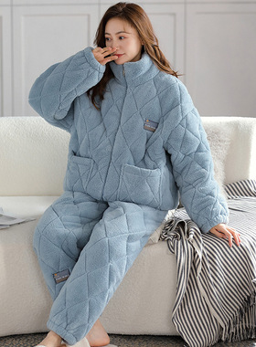 5XL特大码加厚三层法兰绒夹棉睡衣女冬220斤胖妹妹保暖家居服套装