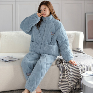 5XL特大码 加厚三层法兰绒夹棉睡衣女冬220斤胖妹妹保暖家居服套装