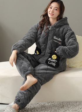 三层加厚法兰绒夹棉睡衣女冬季特大码胖mm200斤保暖家居服套装6XL