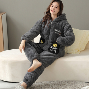 6XL 胖mm200斤保暖家居服套装 三层加厚法兰绒夹棉睡衣女冬季 特大码