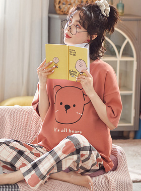 胖妹妹短袖长裤睡衣女夏季纯棉套装2024新款特大码女士春秋家居服