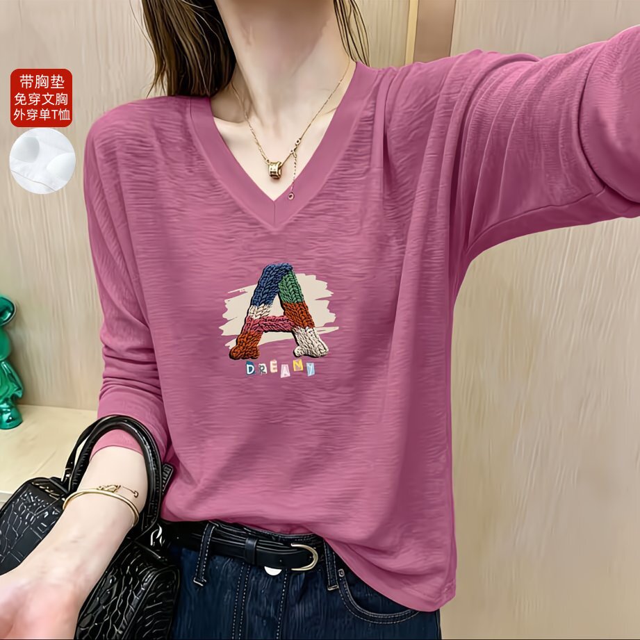 带胸垫一体式睡衣女春秋竹节棉长袖T恤女时尚外穿V领女装单件上衣