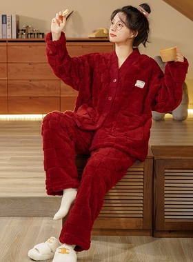 6XL胖妹妹法兰绒睡衣女冬胖女生加肥加大码200斤红色V领开衫套装
