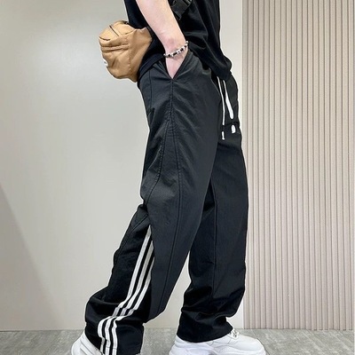 夏季新款设计感美式条纹三条杠休闲男士百搭运动直筒休闲长裤子