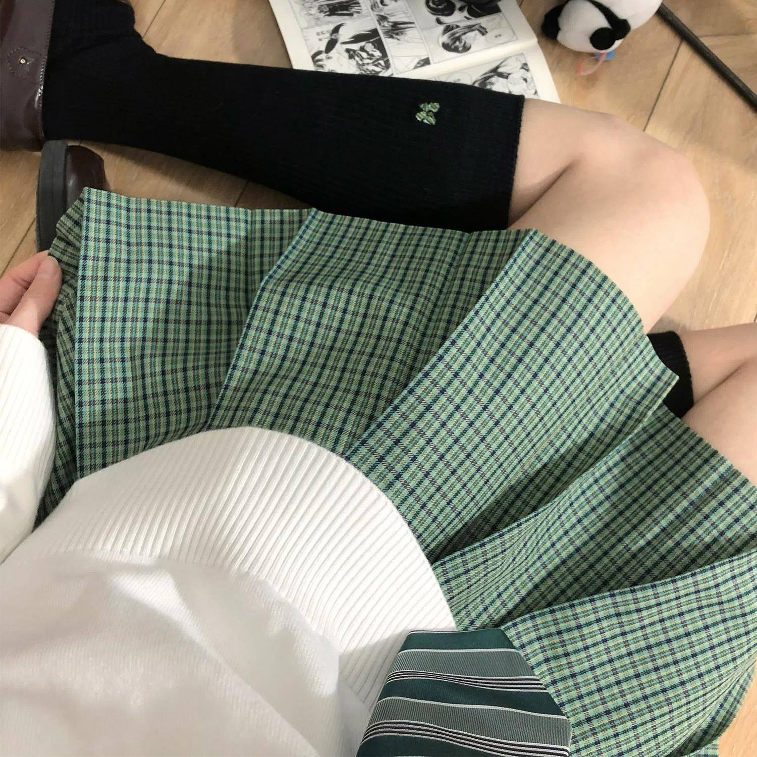 花千猪新品 绿野格裙 jk制服校供感百褶裙绿格百搭jk裙